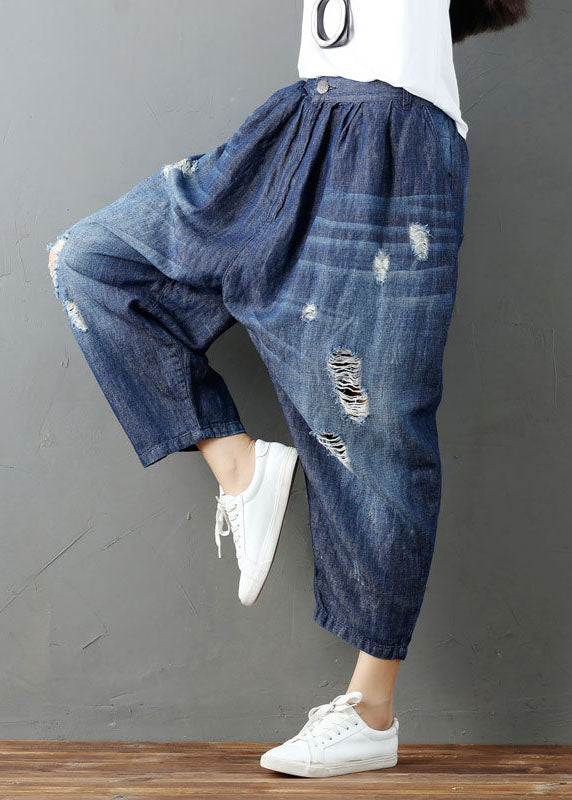 Fashion Blue Pockets Elastic Waist Denim Harem Pants Summer