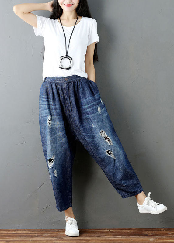 Fashion Blue Pockets Elastic Waist Denim Harem Pants Summer