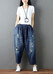 Fashion Blue Pockets Elastic Waist Denim Harem Pants Summer