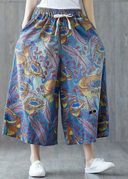 Fashion Blue Pockets Print Tie Waist Fall Wide Leg Pants - bagstylebliss