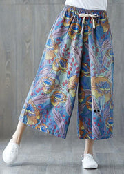 Fashion Blue Pockets Print Tie Waist Fall Wide Leg Pants - bagstylebliss