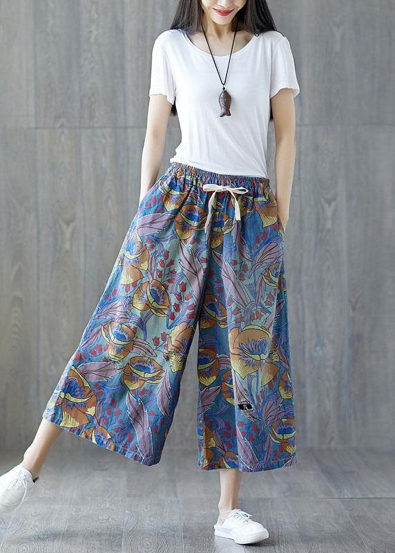 Fashion Blue Pockets Print Tie Waist Fall Wide Leg Pants - bagstylebliss