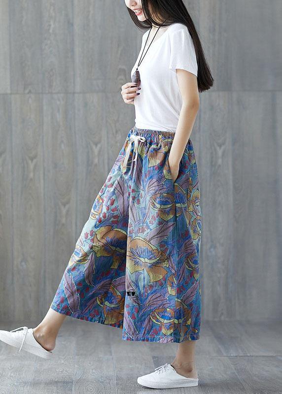 Fashion Blue Pockets Print Tie Waist Fall Wide Leg Pants - bagstylebliss