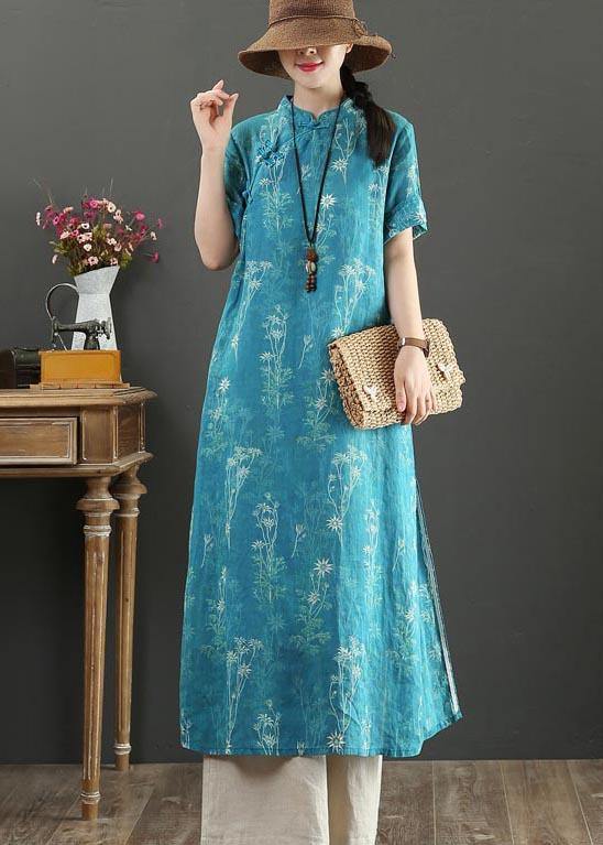 Fashion Blue Print Oriental side open Long Summer Linen Dress - bagstylebliss