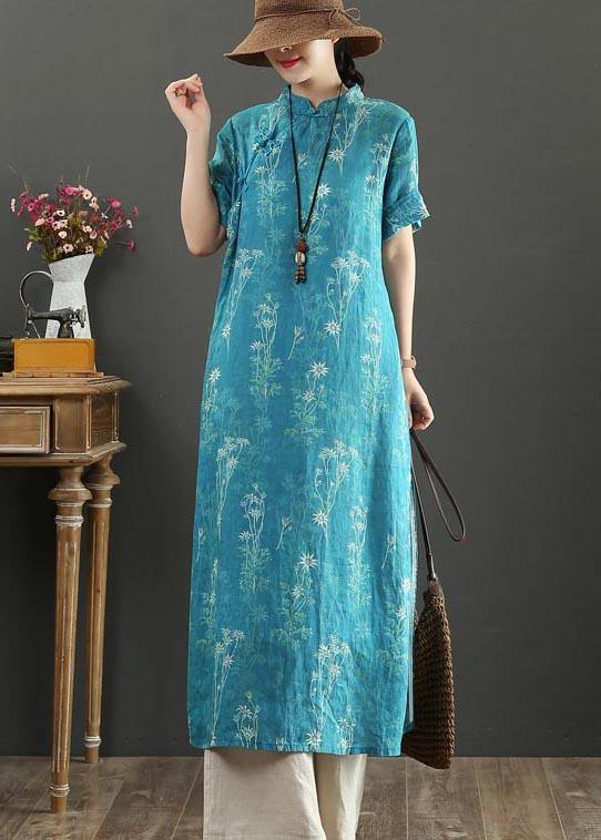 Fashion Blue Print Oriental side open Long Summer Linen Dress - bagstylebliss