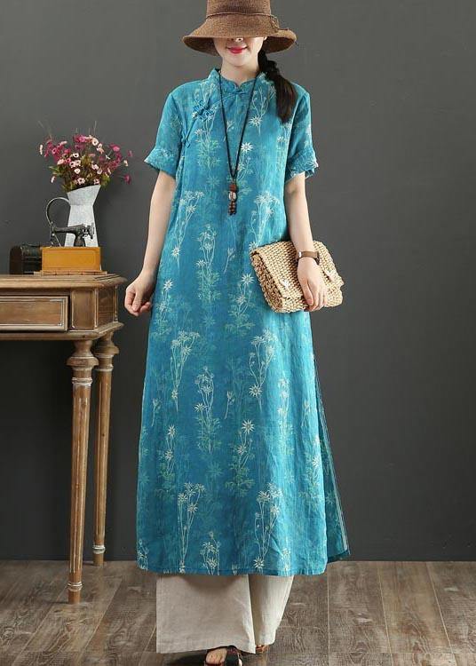 Fashion Blue Print Oriental side open Long Summer Linen Dress - bagstylebliss