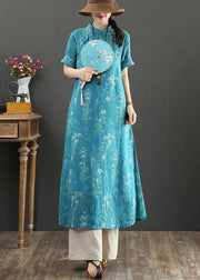 Fashion Blue Print Oriental side open Long Summer Linen Dress - bagstylebliss