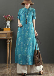 Fashion Blue Print Oriental side open Long Summer Linen Dress - bagstylebliss