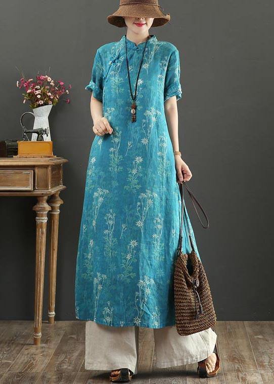 Fashion Blue Print Oriental side open Long Summer Linen Dress - bagstylebliss