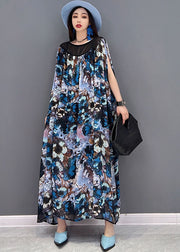 Fashion Blue Print Patchwork Draping Chiffon Long Dress Short Sleeve