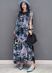 Fashion Blue Print Patchwork Draping Chiffon Long Dress Short Sleeve