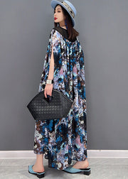 Fashion Blue Print Patchwork Draping Chiffon Long Dress Short Sleeve