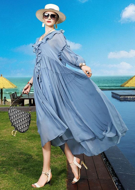 Fashion Blue Ruffled Asymmetrical Patchwork Silk Vacation Dresses Summer