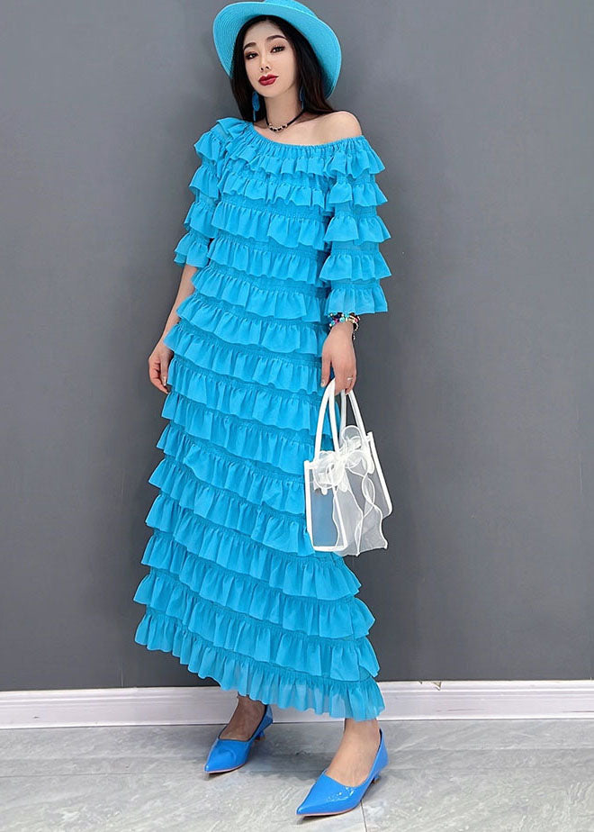 Fashion Blue Slash Neck Layered Ruffles Tulle Long Dresses Half Sleeve