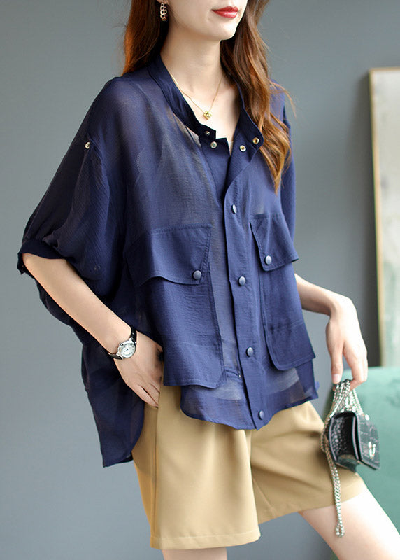 Fashion Blue Stand Collar Pockets Button Chiffon UPF 50+ Coats lantern sleeve