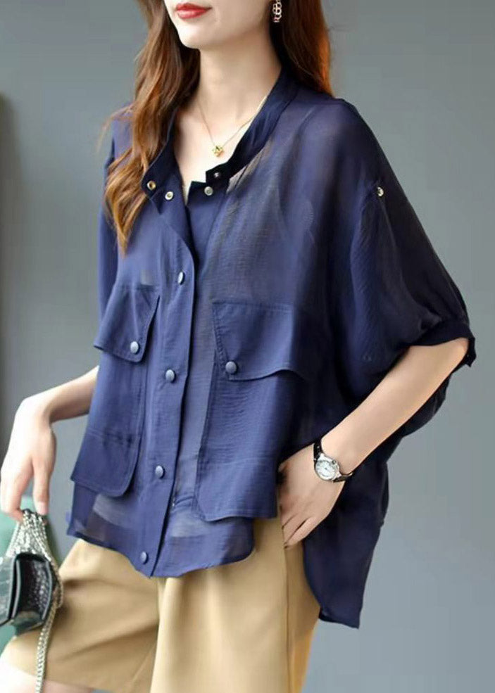 Fashion Blue Stand Collar Pockets Button Chiffon UPF 50+ Coats lantern sleeve