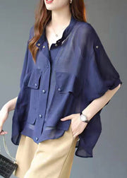 Fashion Blue Stand Collar Pockets Button Chiffon UPF 50+ Coats lantern sleeve