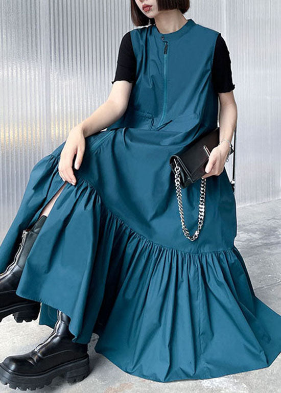 Fashion Blue Stand Collar tie waist Zip Up Mid Dress Spring