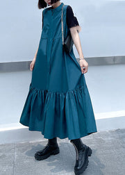 Fashion Blue Stand Collar tie waist Zip Up Mid Dress Spring