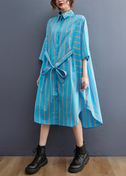 Fashion Blue Striped Peter Pan Collar Button tie waist Shirt Dress Half Sleeve