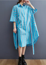 Fashion Blue Striped Peter Pan Collar Button tie waist Shirt Dress Half Sleeve