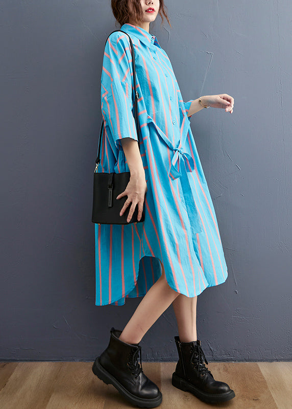 Fashion Blue Striped Peter Pan Collar Button tie waist Shirt Dress Half Sleeve