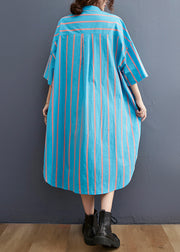 Fashion Blue Striped Peter Pan Collar Button tie waist Shirt Dress Half Sleeve