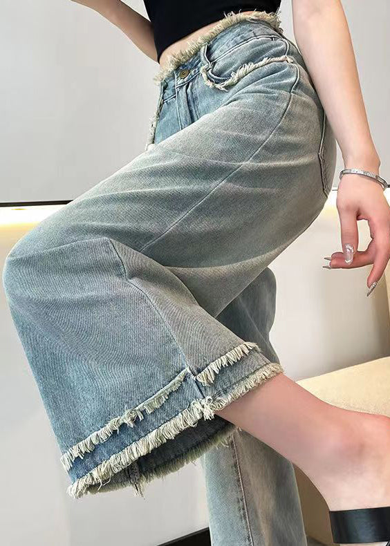 Fashion Blue Tasseled Pockets Denim Wide Leg Pants Spring