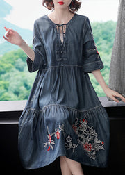 Fashion Blue V Neck Embroideried Cotton Holiday Denim Dress Half Sleeve