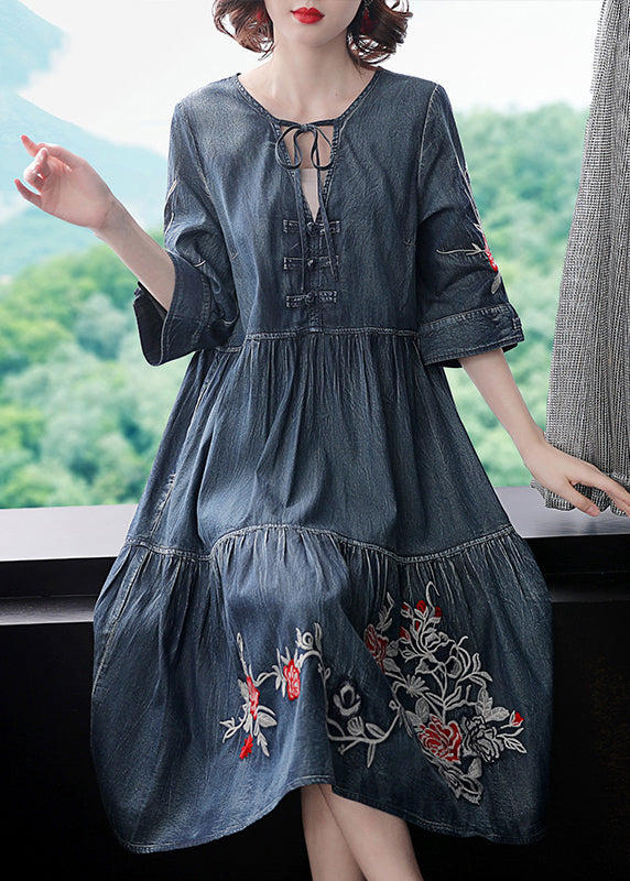 Fashion Blue V Neck Embroideried Cotton Holiday Denim Dress Half Sleeve