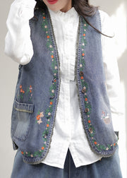 Fashion Blue V Neck Embroidered Patchwork Denim Waistcoat Sleeveless