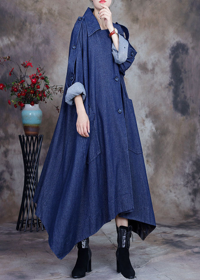 Fashion Blue asymmetrisches Design Knopf Bubikragen Baumwolle Denim Trenchcoats Frühling