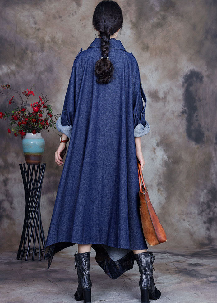 Fashion Blue asymmetrisches Design Knopf Bubikragen Baumwolle Denim Trenchcoats Frühling