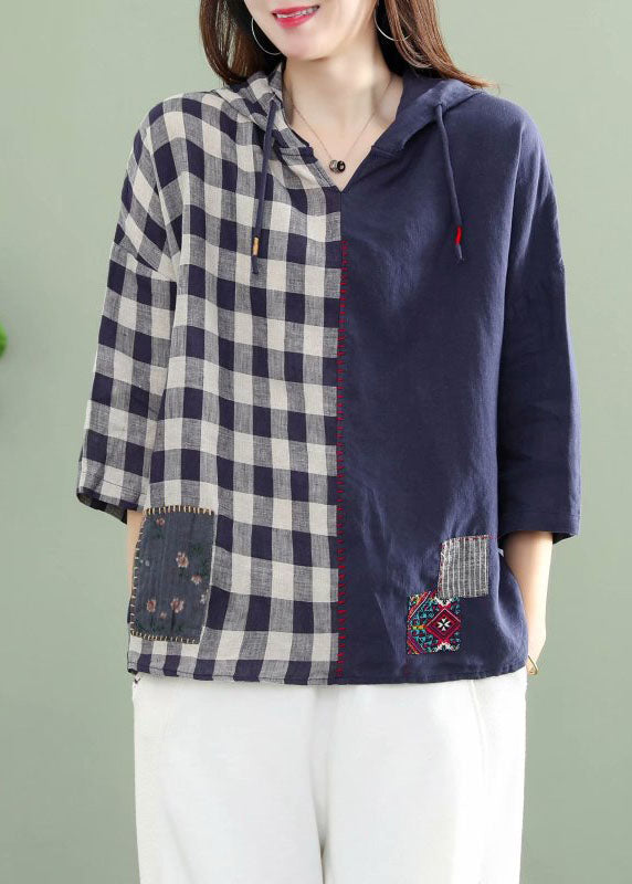 Fashion Blue hooded Plaid Patchwork drawstring Fall Tops Half Sleeve