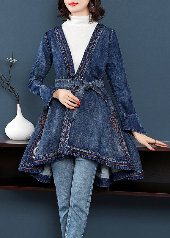 Fashion Blue Low High Design V-Ausschnitt bestickte Baumwoll-Denim-Trenchcoats mit langen Ärmeln