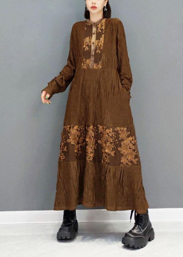 Fashion Brown O-Neck Button Embroideried Ankle Dress Fall Long Sleeve - bagstylebliss