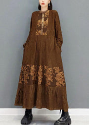 Fashion Brown O-Neck Button Embroideried Ankle Dress Fall Long Sleeve - bagstylebliss