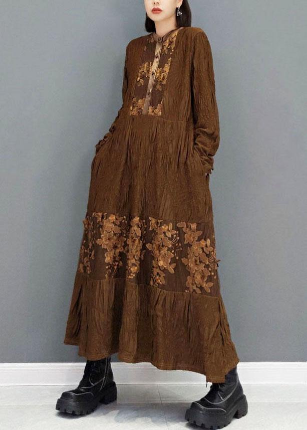 Fashion Brown O-Neck Button Embroideried Ankle Dress Fall Long Sleeve - bagstylebliss