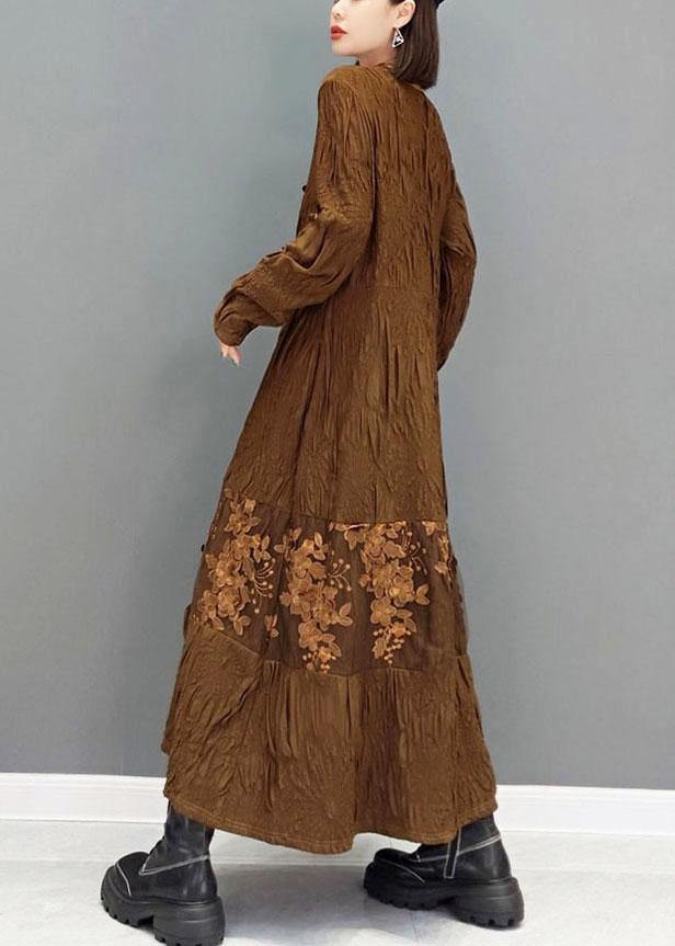 Fashion Brown O-Neck Button Embroideried Ankle Dress Fall Long Sleeve - bagstylebliss