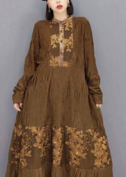 Fashion Brown O-Neck Button Embroideried Ankle Dress Fall Long Sleeve - bagstylebliss