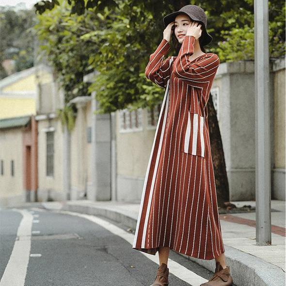 Fashion Brown Striped Baggy Maxi Sweater Dresses For Women