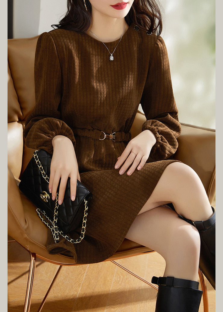 Fashion Brown Thick Cotton Tunic Dress Spring