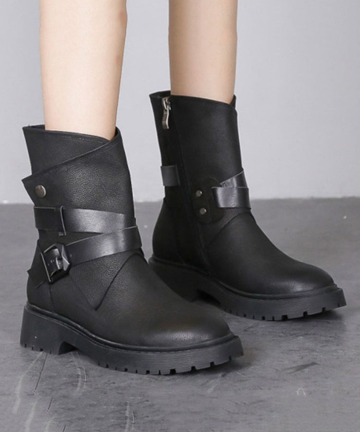 Fashion Buckle Strap Zippered Splicing Platform Boots Black Cowhide Leather