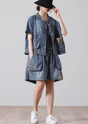 Fashion Button Blue Short Sleeve tops hot pants Denim Two Piece Suit Set - bagstylebliss