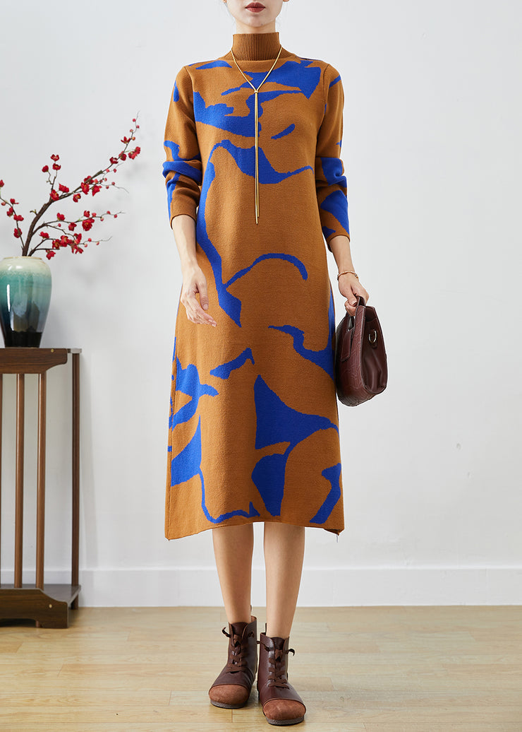 Fashion Camel High Neck Print Knit Dress Fall