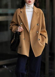 Fashion Camel Peter Pan Collar Pockets Patchwork Woolen Coats Fall