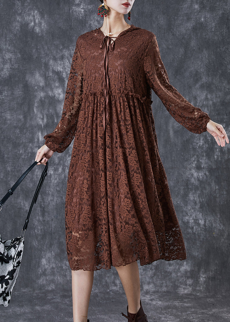 Fashion Chocolate Ruffled Hollow Out Lace Long Dresses Fall