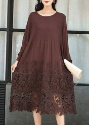 Fashion Chocolate Embroideried Patchwork Knit Long Dresses Spring