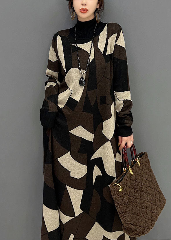 Fashion Chocolate Hign Neck Geometric Print Knit Sweater Dress Winter