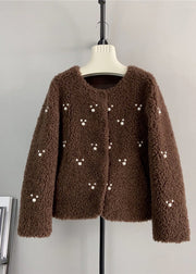 Fashion Coffee O Neck Nail Bead Wool Short Coat Winter